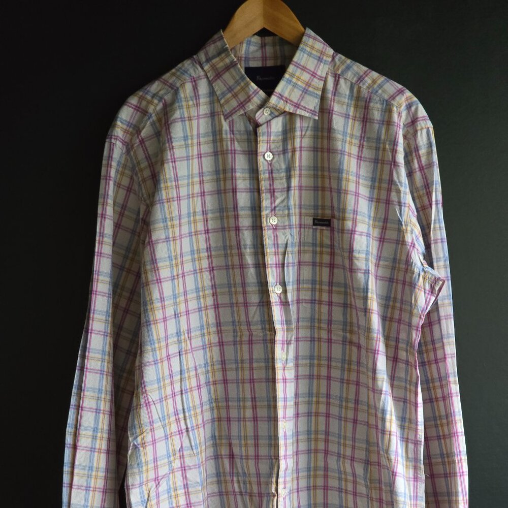 Facconable men's LS club deauville button up dress shirt plaid white xl cotton